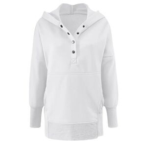 Half Button White Hooded Pullover with Kangaroo Pocket
